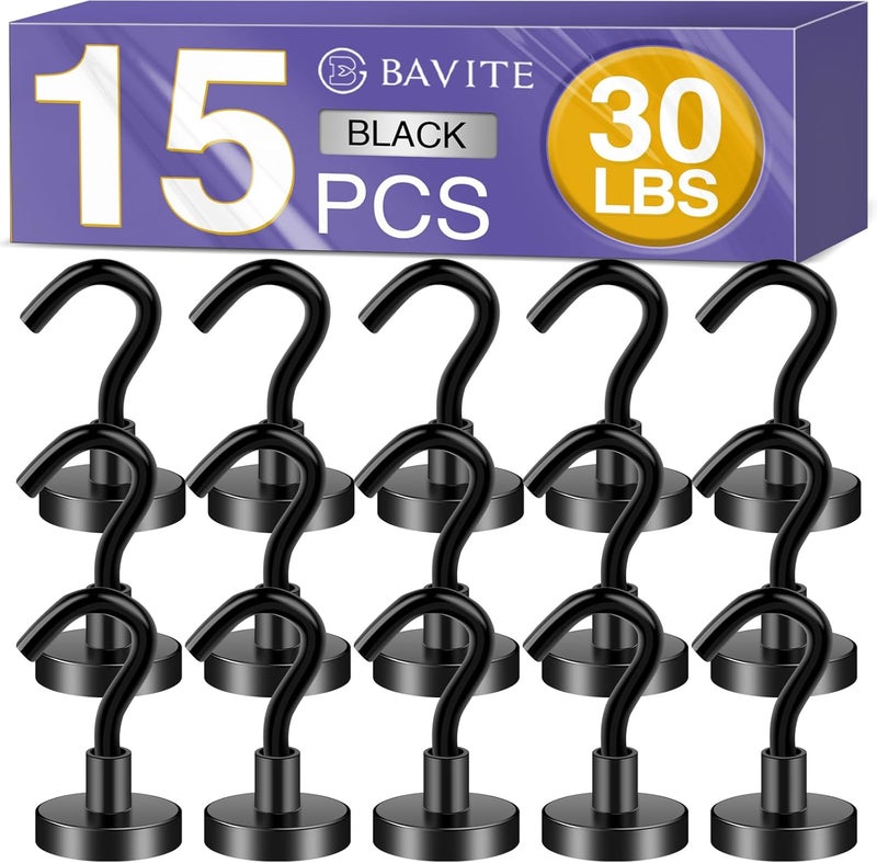 E BAVITE Magnetic Hooks, 30Lbs Strong Magnet Hook Heavy Duty with Epoxy Coating for Refrigerator, Cruise, Grill, Indoor Hanging, Home, Kitchen, Workplace, Office and Garage - 15 Pack（Black） - Image 1